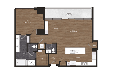 Floor plan for 1 bed, 1.5 baths, 1159 sqft